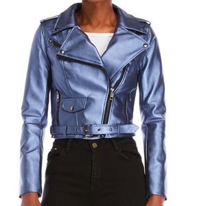 NWT Metallic Blue Faux Leather Moro Jacket romeo